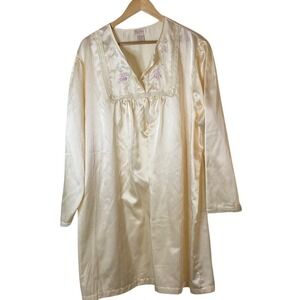 Vtg Barbison Plus‎ Size Nightgown Yellow Long Sleeve Floral Embroidery Lace S 3X